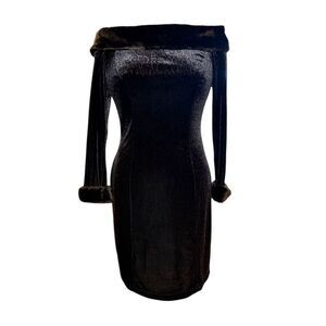 Joseph Ribkoff Vintage Velvet Leopard Off The Shoulder Dress Sz. 6Faux Fur